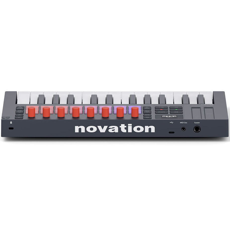Novation FLkey 2 Mini 25 MIDI keyboard with compact design and pitch bend wheel, ideal for music production and live performance.