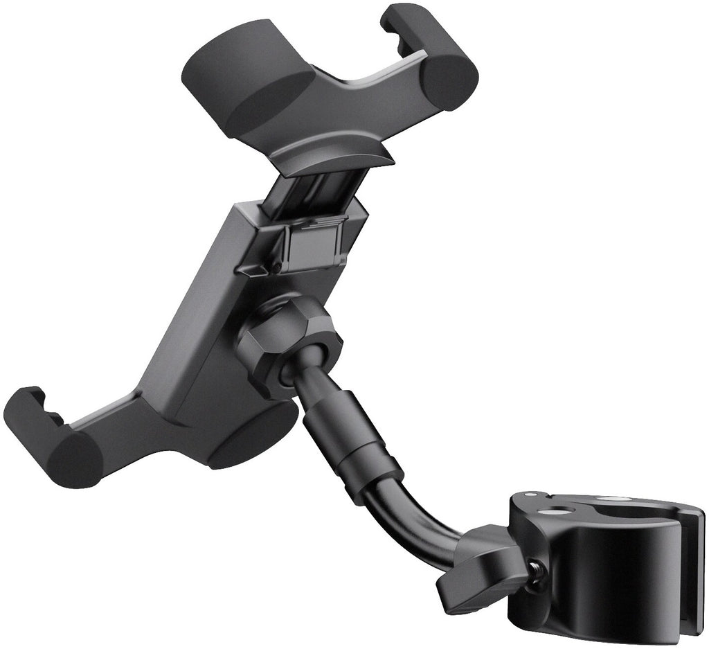 K&M 19755 smartphone holder attached to a microphone stand, adjustable clamp for multimedia and audio recording setups.