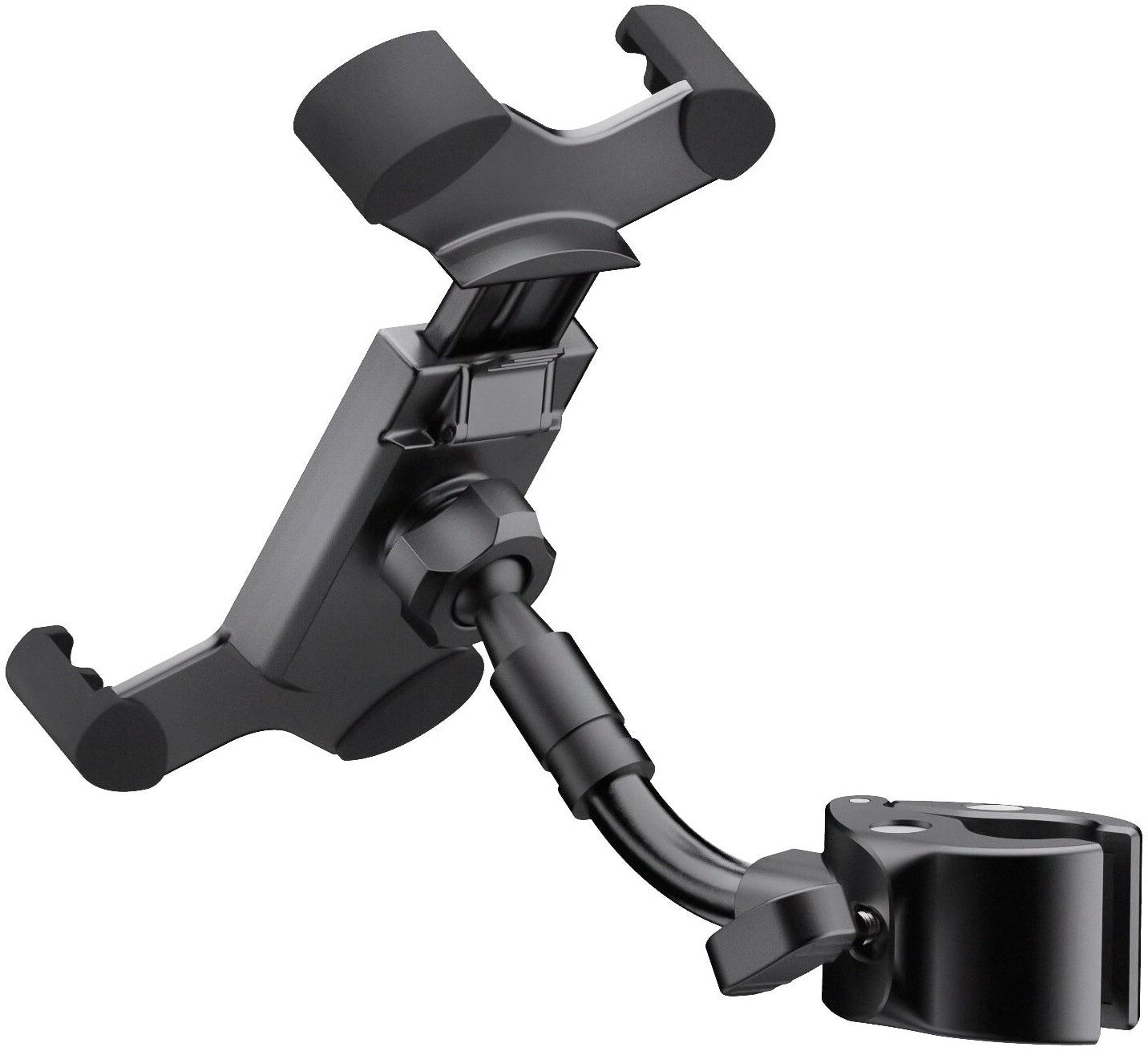 K&M 19755 smartphone holder attached to a microphone stand, adjustable clamp for multimedia and audio recording setups.