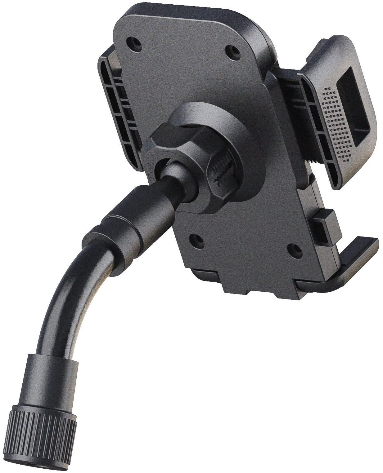 K&M 19762 smartphone holder attached to a microphone multimedia stand, showing adjustable grip for secure smartphone placement.