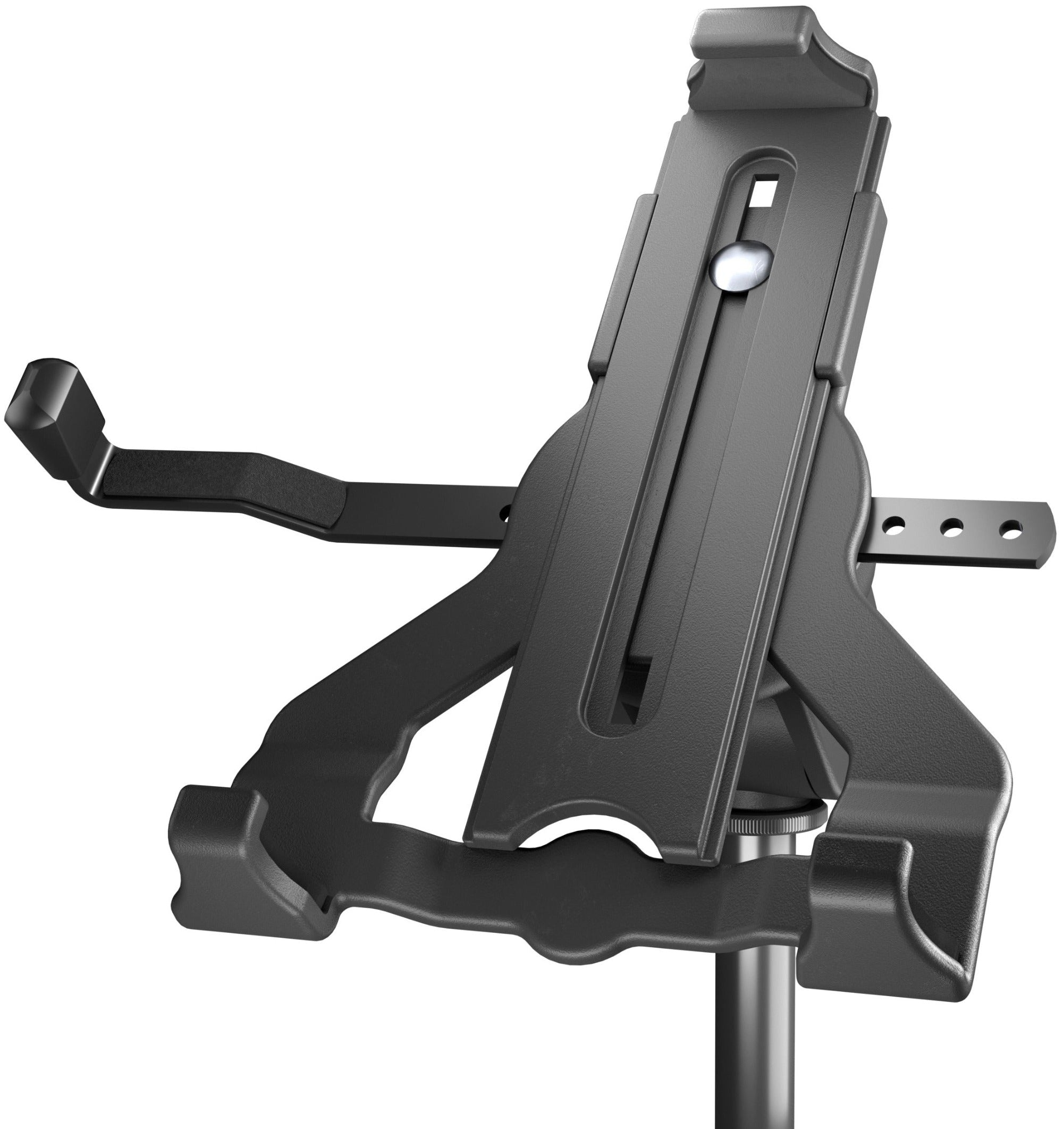 K&M 19775 multimedia microphone stand with adjustable holder for studio or stage use, featuring a sturdy design and secure grip.