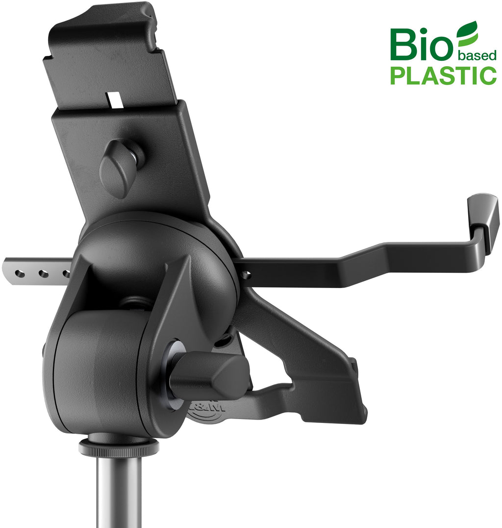 K&M 19775 multimedia microphone stand with adjustable boom arm and black finish, designed for studio or stage use