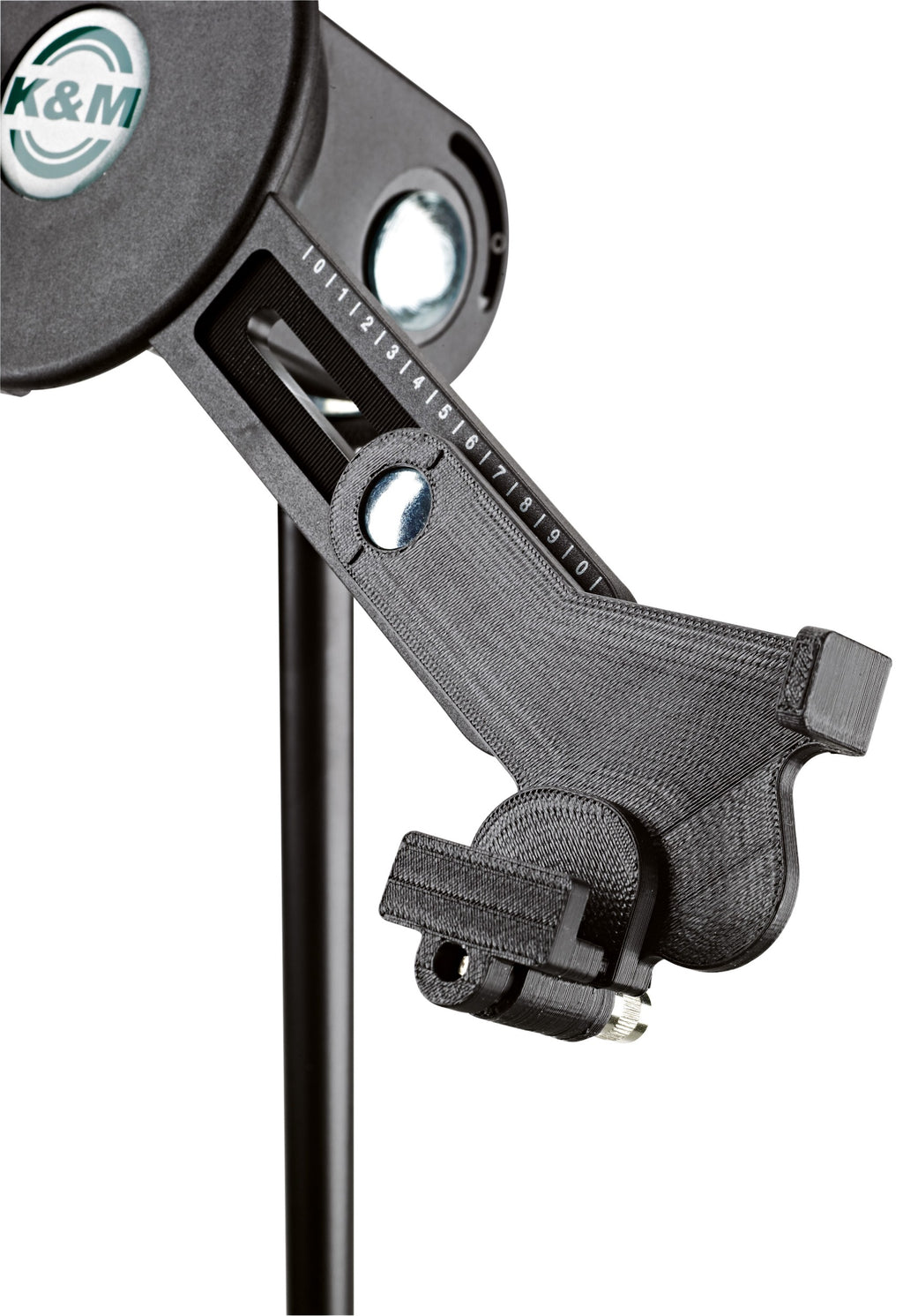 K&M 19790 multimedia microphone stand with adjustable arm and sturdy base for professional audio setup.