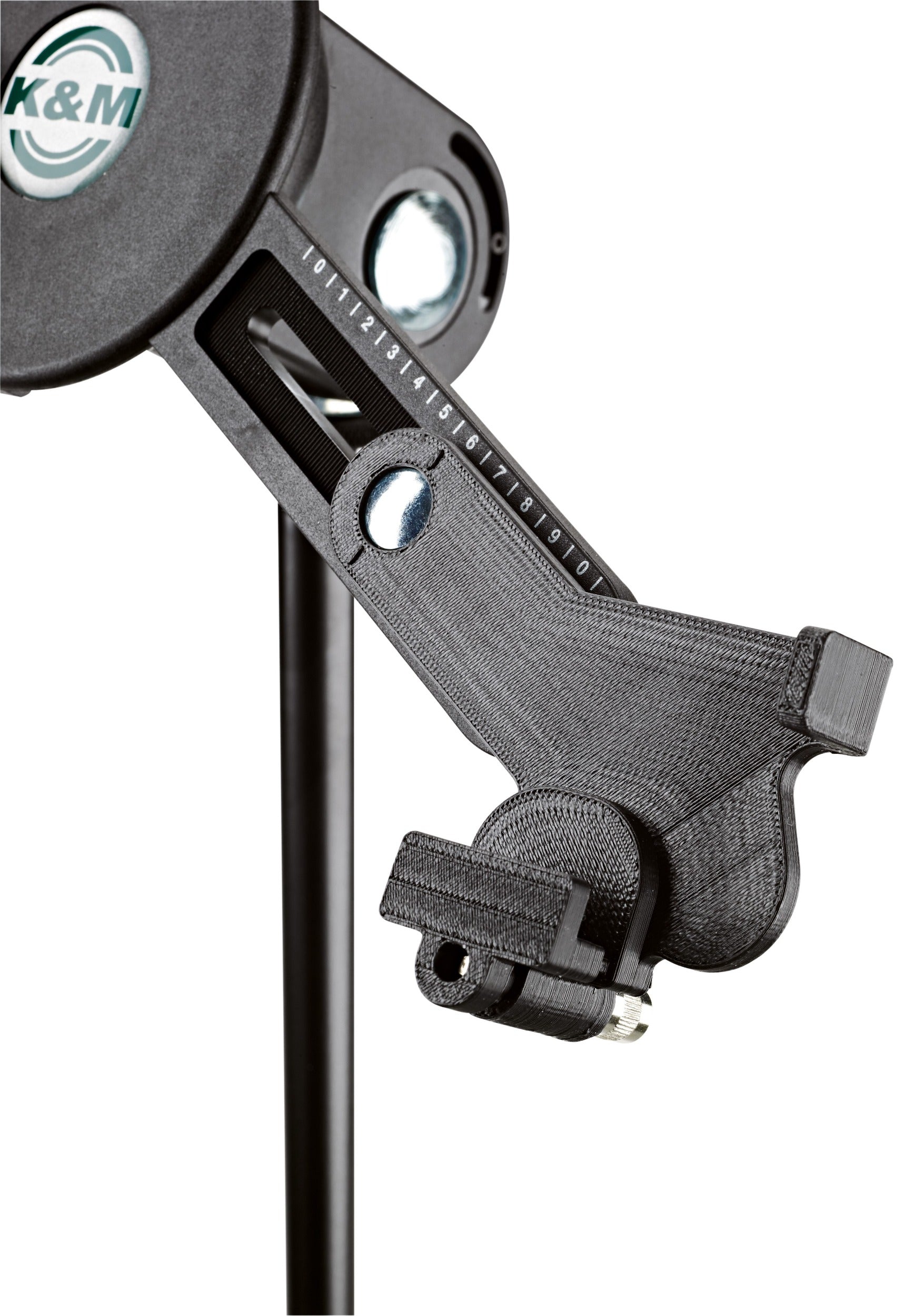 K&M 19790 multimedia microphone stand with adjustable arm and sturdy base for professional audio setup.