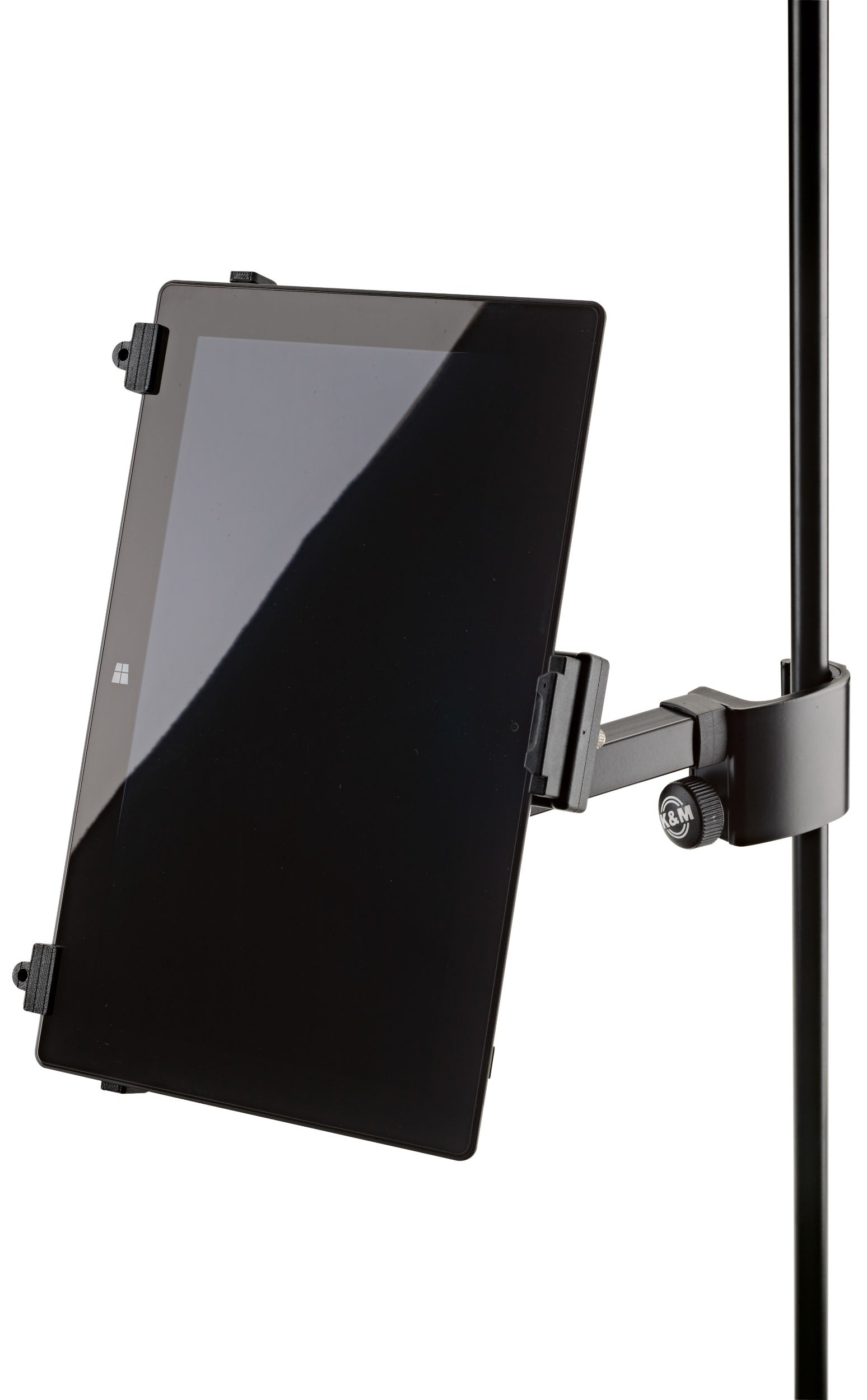 K&M 19791 multimedia microphone stand with adjustable holder, showing detailed view of the stand's arm and mounting features.