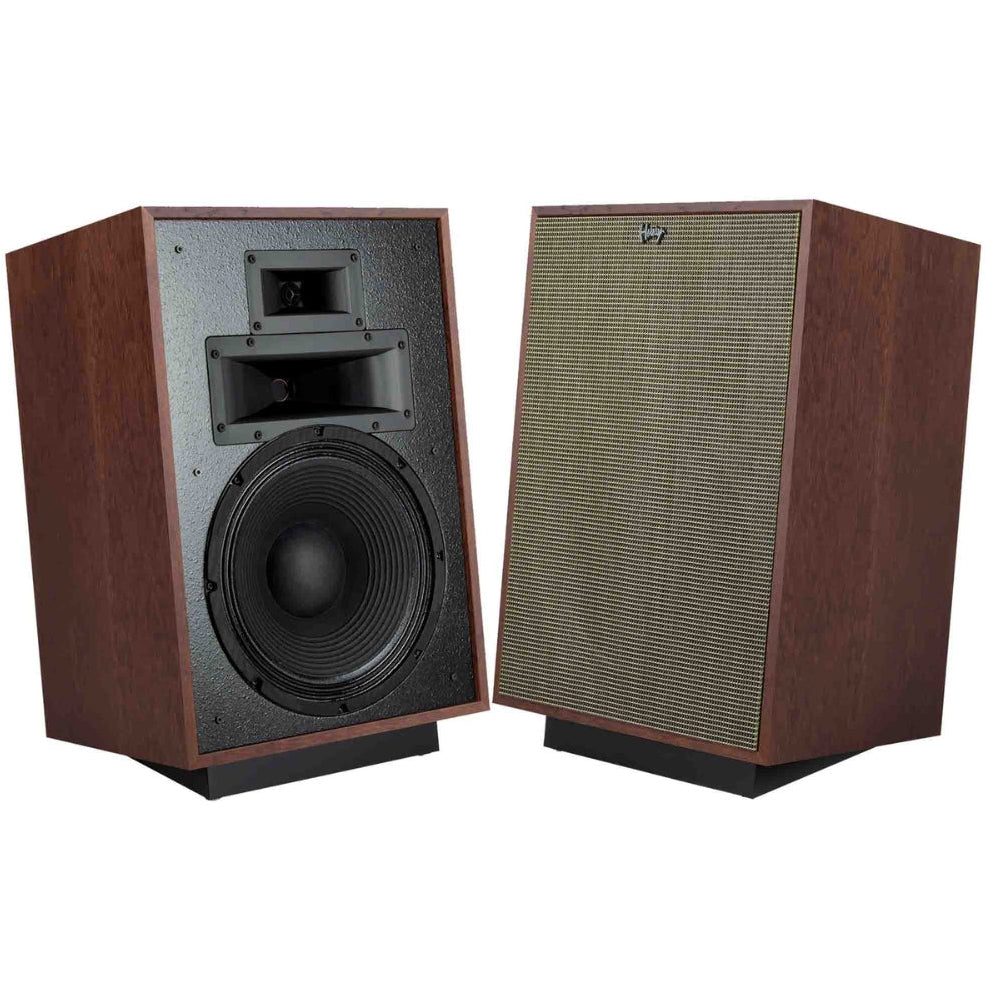 Klipsch Heresy IV floorstanding speakers with multiple drivers and a sleek black finish, designed for high-quality home audio.