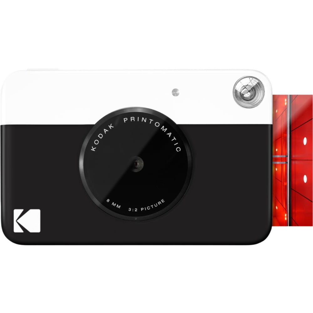 Kodak Printomatic instant compact camera with black body, ready to capture and print photos instantly.