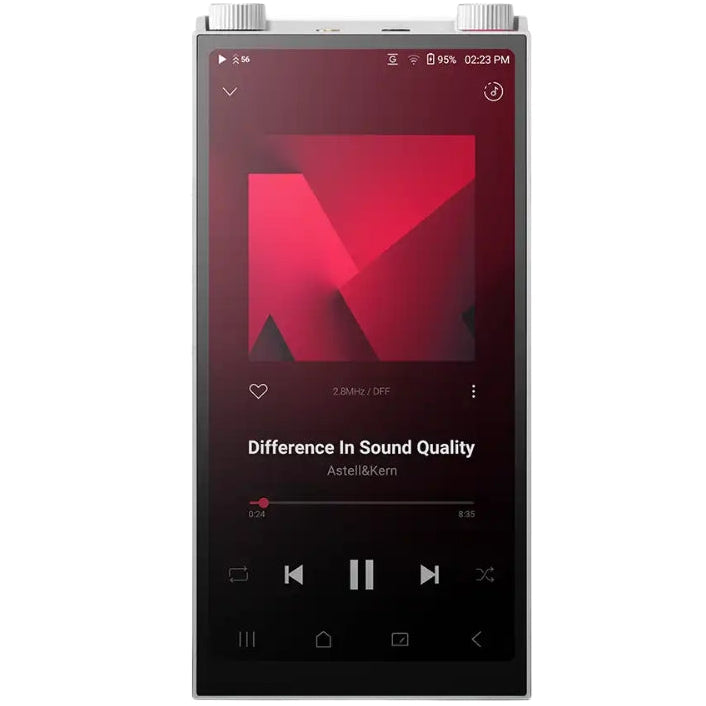 Astell&Kern PD20 portable music player with sleek black design and touchscreen interface, showing buttons and screen display.