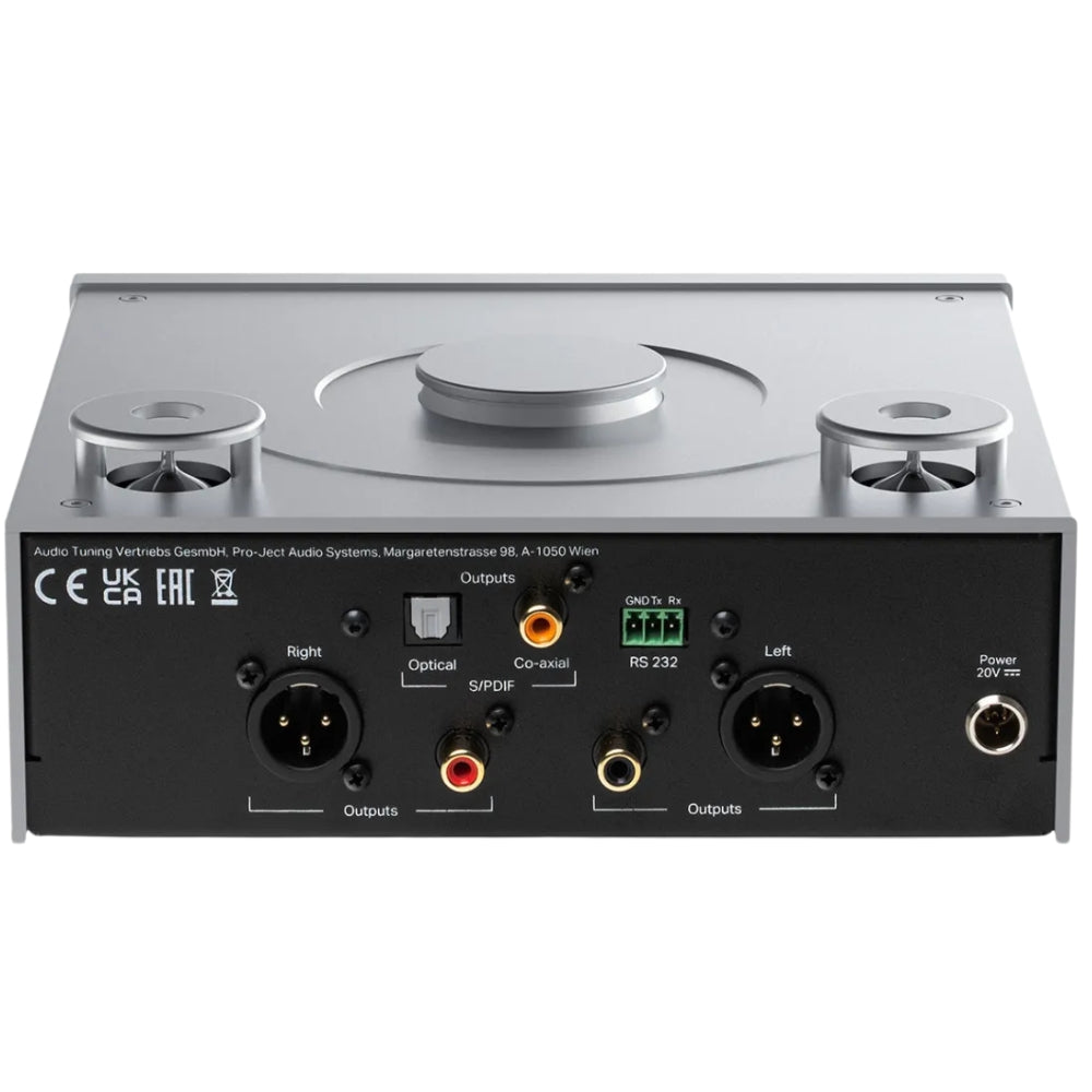 Pro-Ject CD Box RS2 Tube CD player with sleek black design and silver control buttons, showcasing its modern audio equipment.