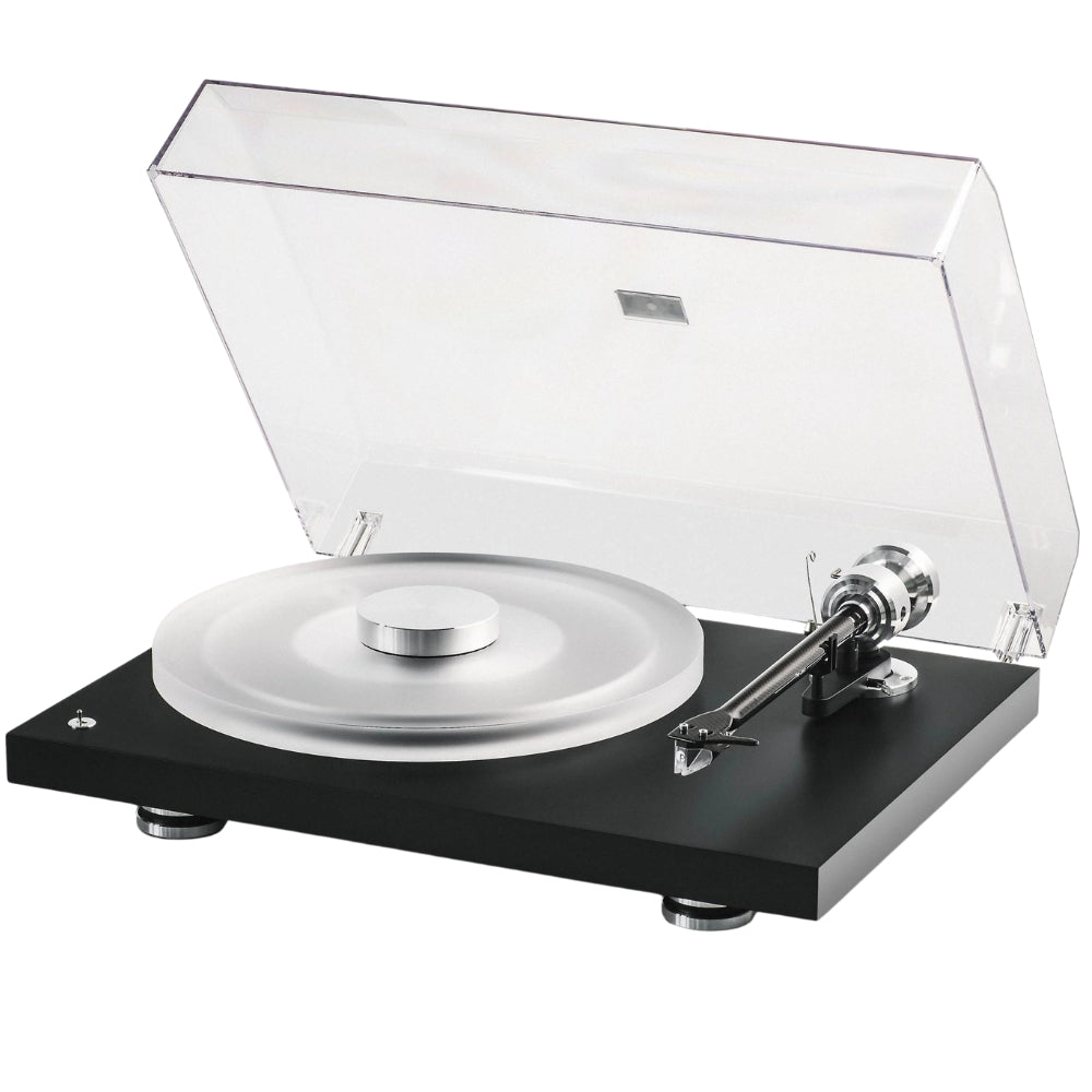 Pro-Ject Debut Reference 10 manual turntable with sleek black finish and tonearm, showcasing high-quality audio equipment design.