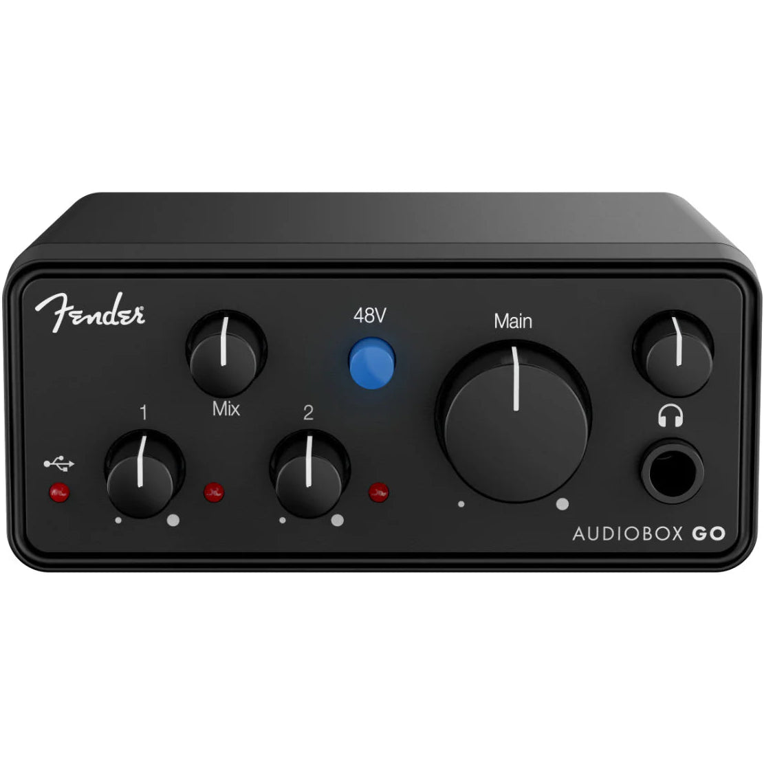 Fender AudioBox GO USB audio interface showing input jacks and controls on a sleek compact device.