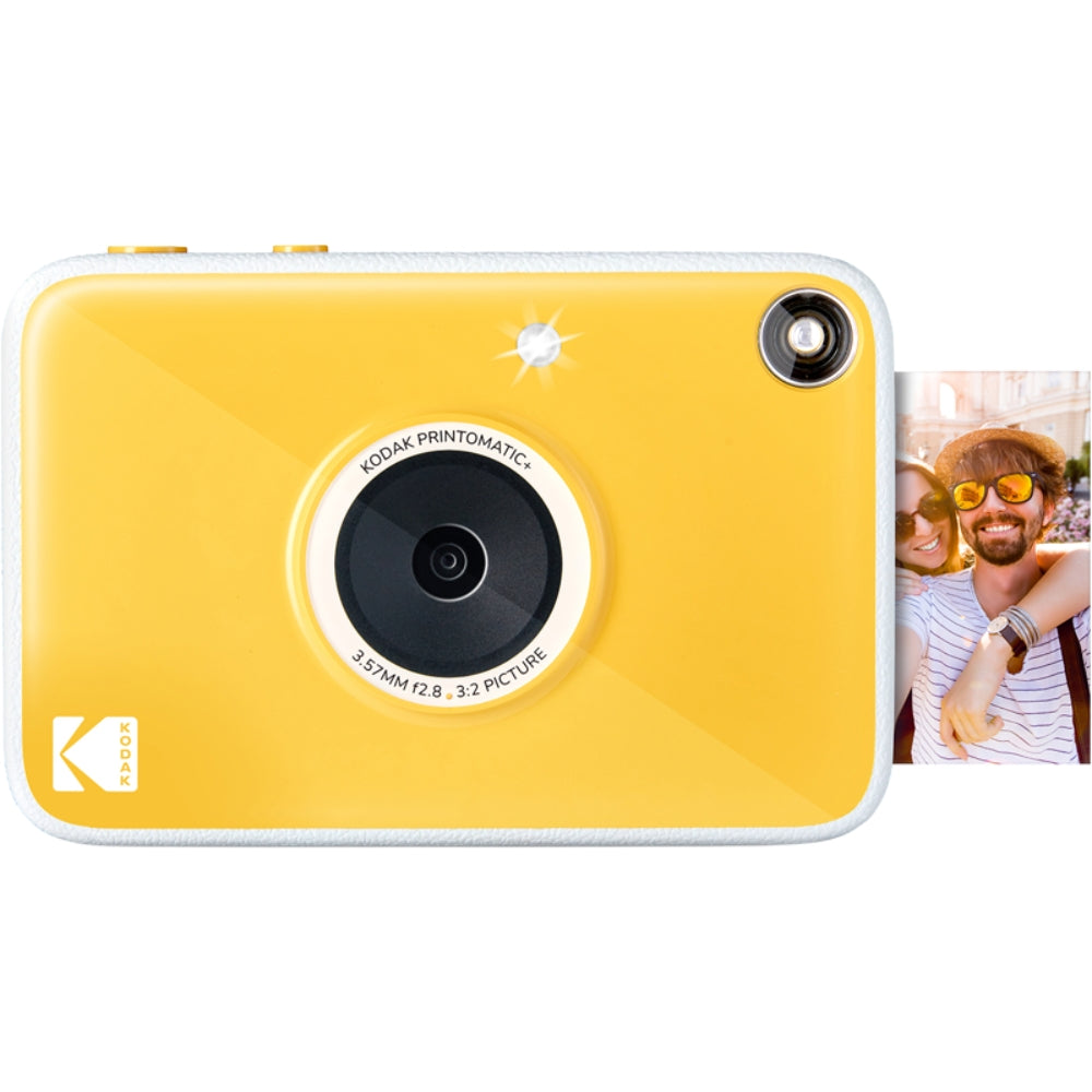 Kodak Printomatic+ instant compact camera with lens and flash, ready to capture and print photos instantly.