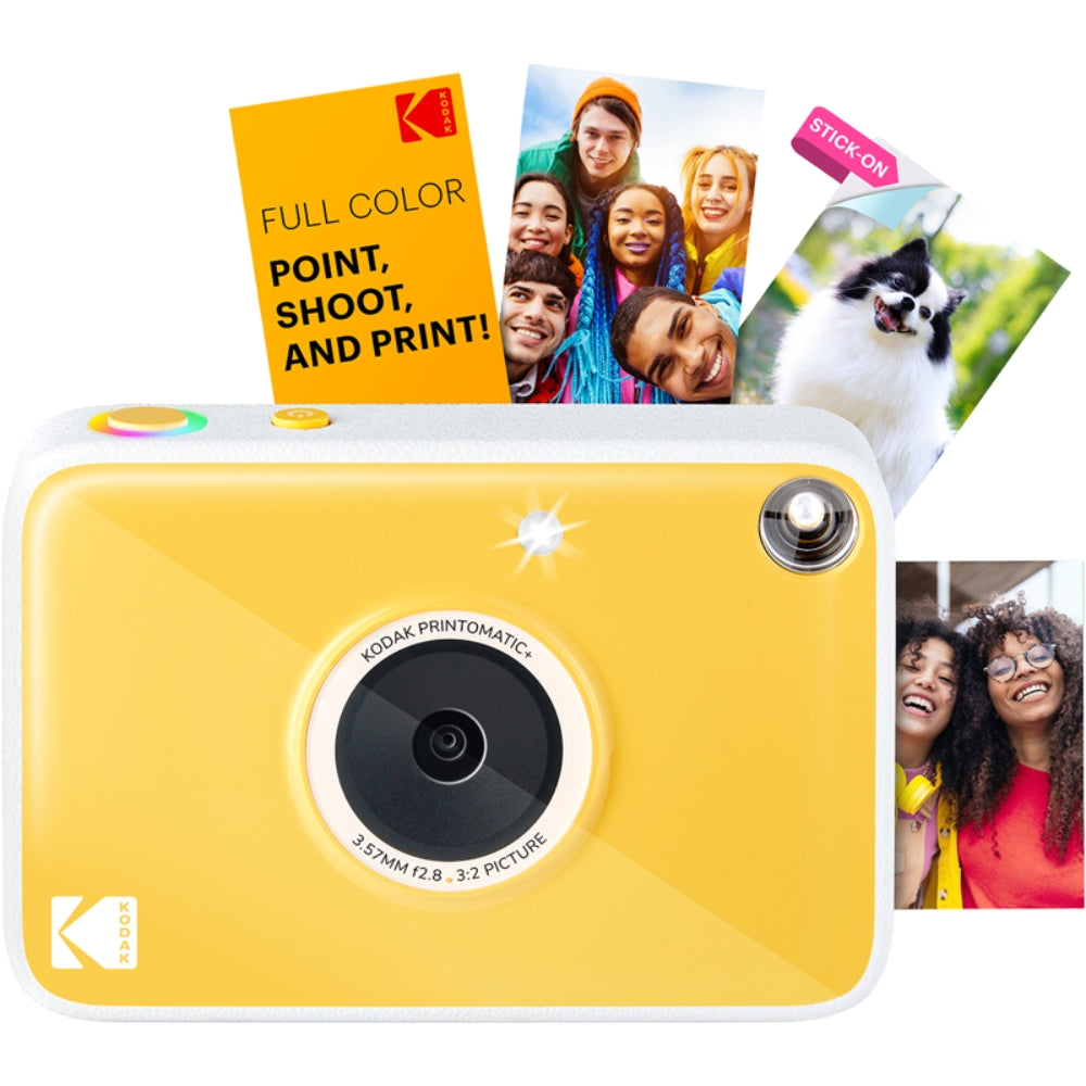 Kodak Printomatic+ instant compact camera with black body, lens, viewfinder, and control buttons for quick photo printing.