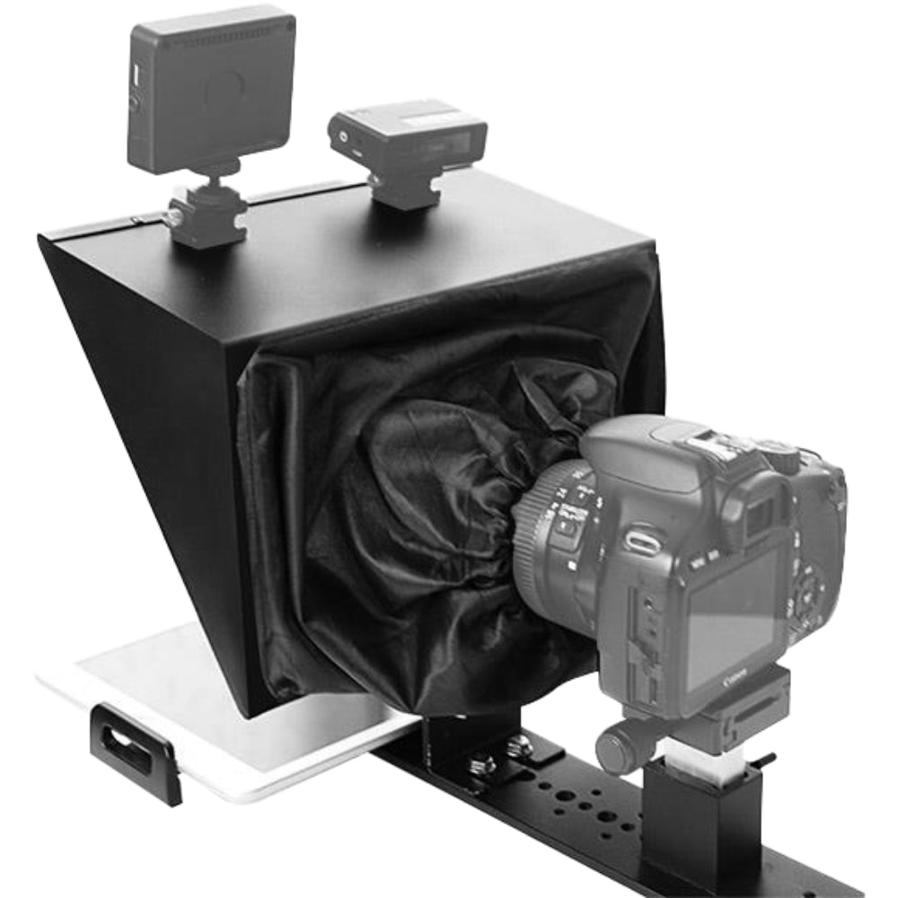 Feelworld TP13A teleprompter with adjustable stand and reflective screen for professional video presentations.