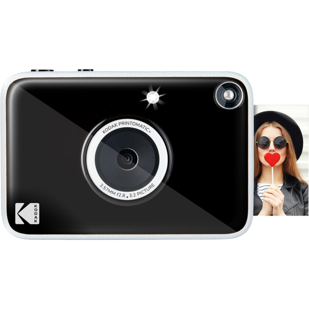 Kodak Printomatic+ instant compact camera with black body and lens, ready to print colorful photos on the spot.