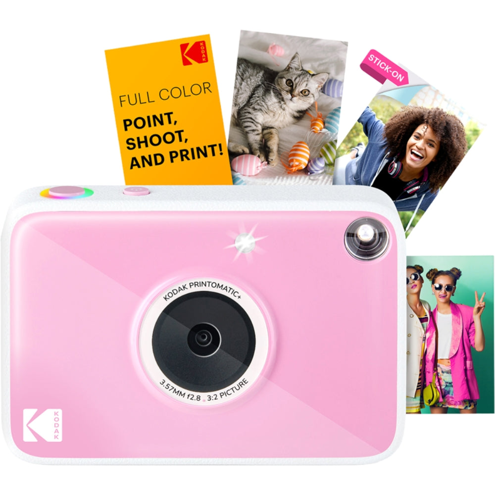 Kodak Printomatic+ instant compact camera with black body, ready to print photos, on a white background.