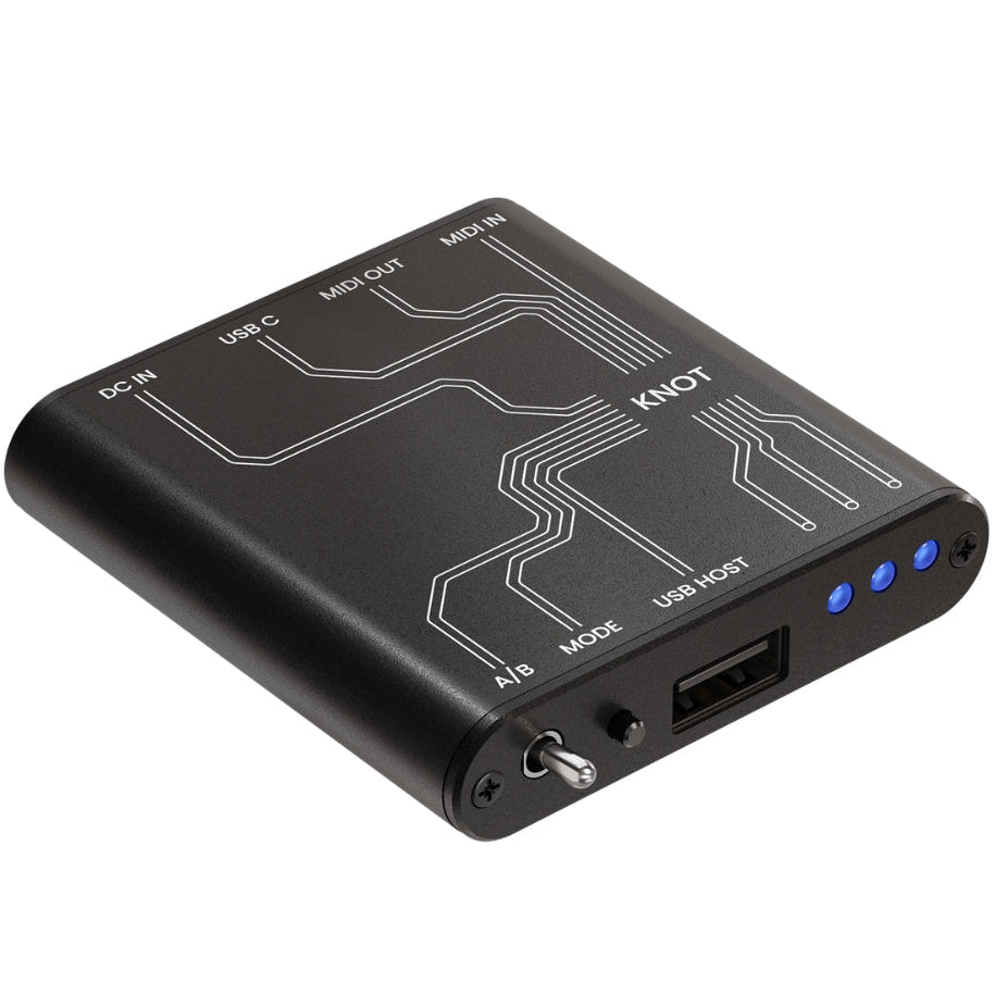 Intech Studio KNOT MIDI interface showing multiple input and output ports on a sleek black device.