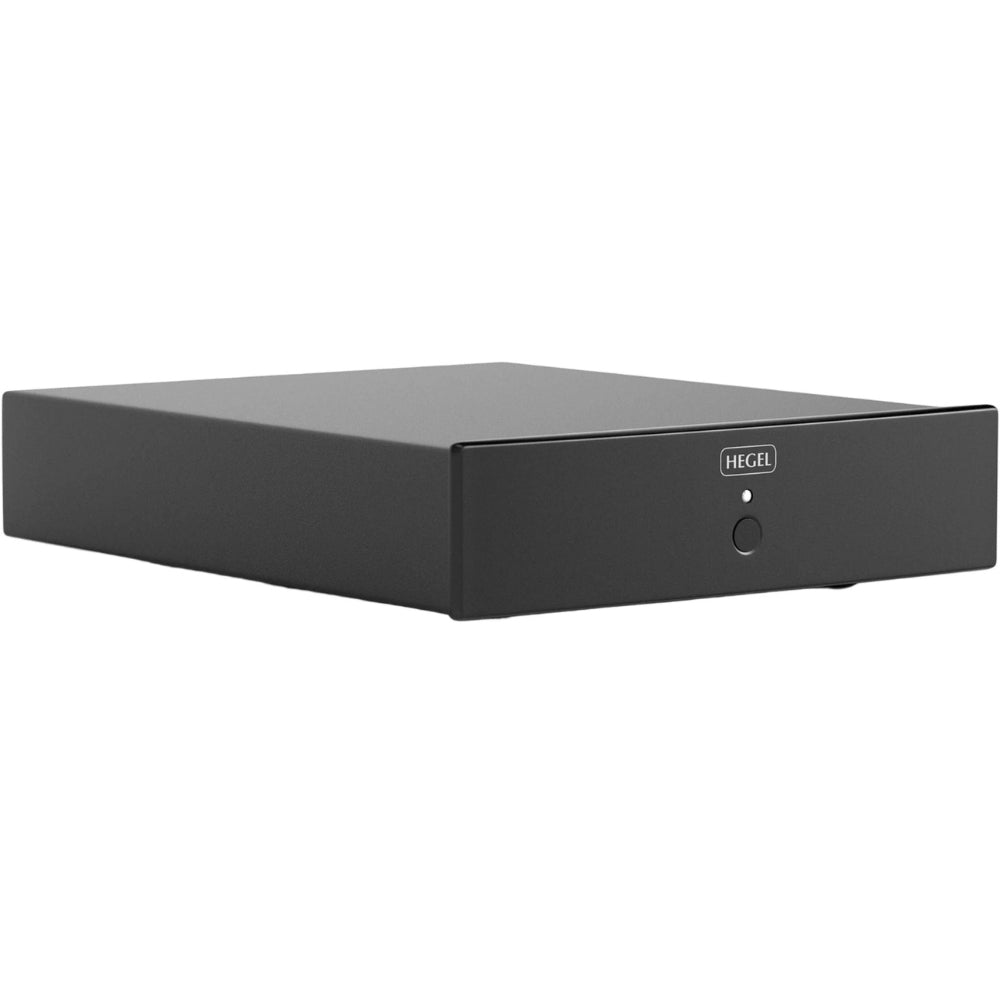 Hegel V10 phono preamp with sleek black design and control knobs, ideal for high-quality vinyl record audio setup.