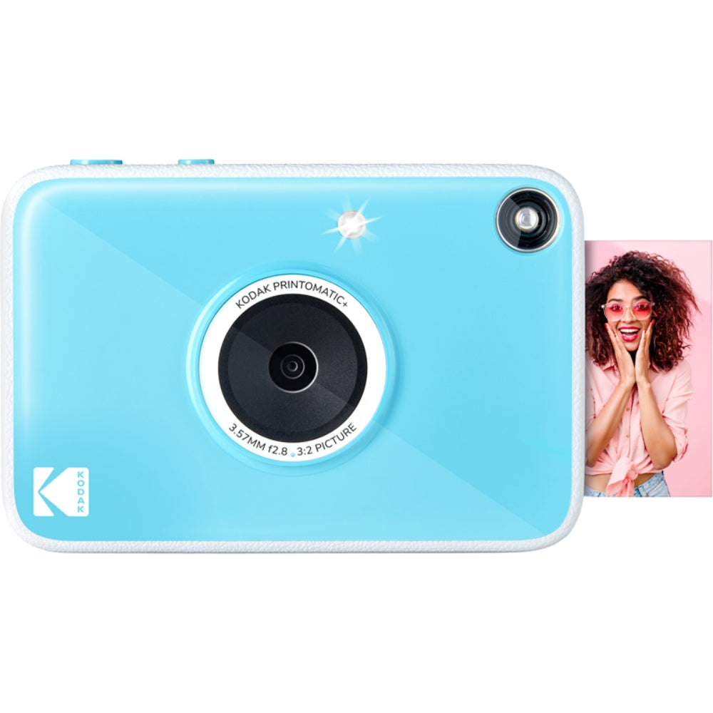 Kodak Printomatic+ instant compact camera with colorful design and lens, ready for quick photo printing.