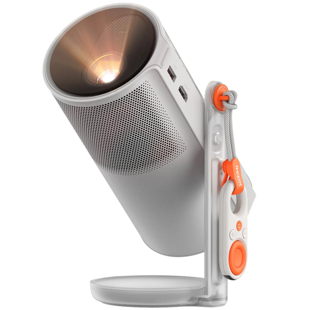 Xgimi Mogo 4 portable projector displaying a colorful image on a wall with a sleek black design.