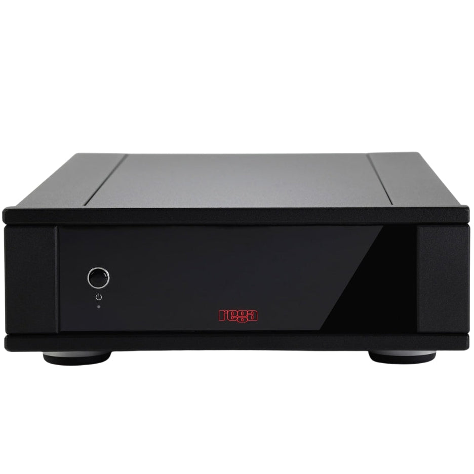 Rega AOS MC phono preamp with sleek black design and control knobs, used for enhancing turntable audio signals.