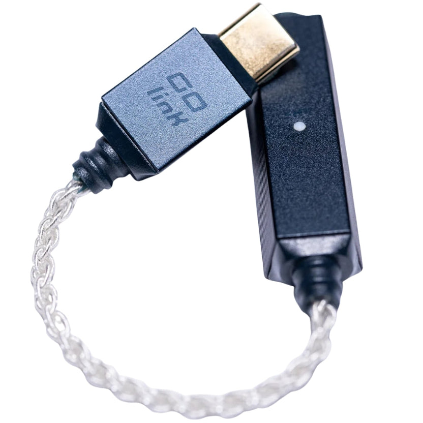 iFi Audio GO link 2 headphone amplifier and DAC device with compact design and multiple connection ports on a white background.