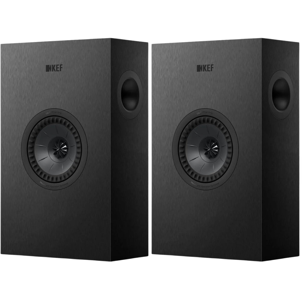 KEF Q4 Meta in-wall and outdoor speaker showing sleek black design with grille cover and mounting frame for discreet installation.