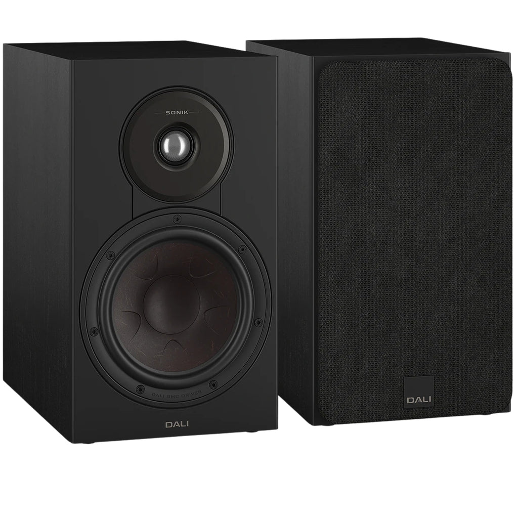 DALI Sonik 3 passive bookshelf speakers shown with black enclosures and drivers, ideal for compact home audio setups.