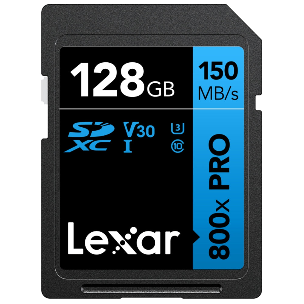 Lexar SDXC 800x Pro UHS-I memory card with V30 U3 speed class, showing the front label and branding.