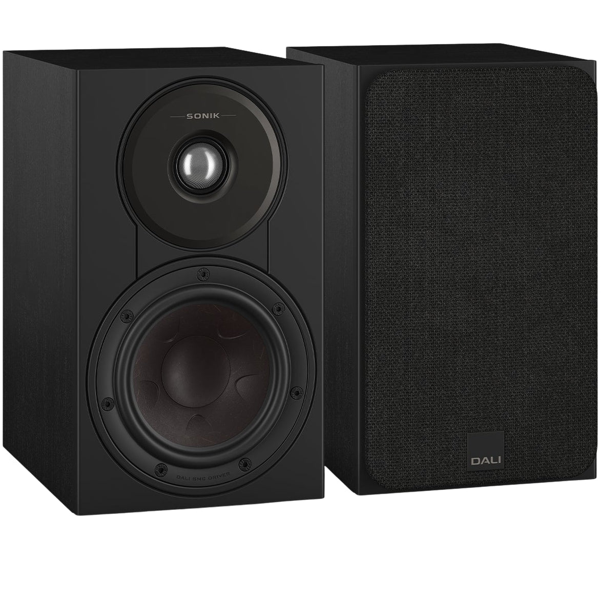 DALI Sonik 1 passive bookshelf speakers with black cabinets and drivers, designed for high-quality audio playback.