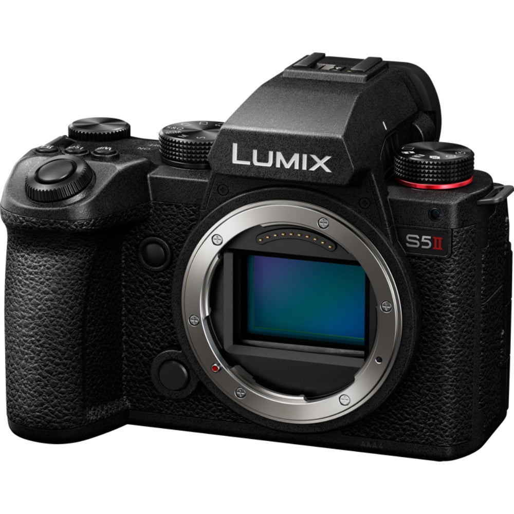 Panasonic Lumix S5M2 video camera with large lens, black body, and professional controls for high-quality filmmaking.