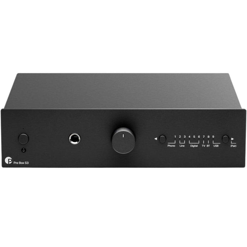 Pro-Ject Pre Box S3 stereo amplifier with sleek design and control knobs, showcasing the front panel and connectivity ports.