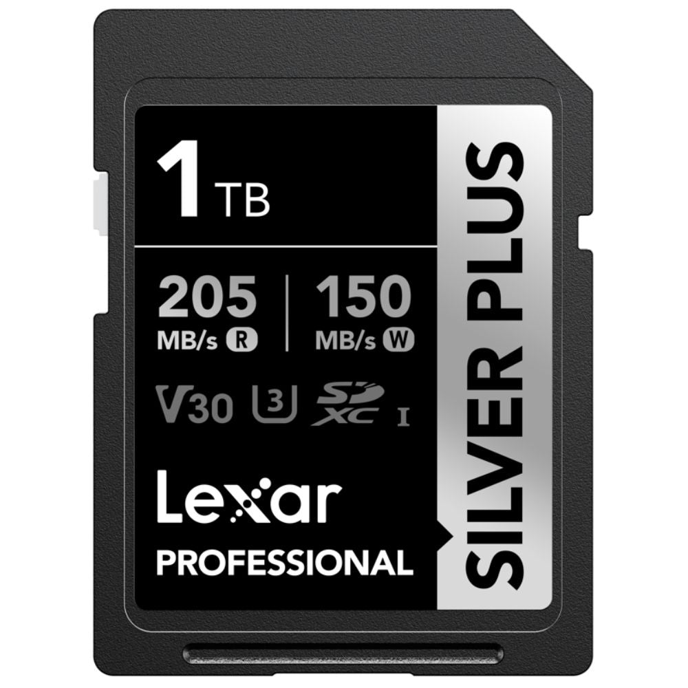 Lexar SDXC Silver Plus 1066X UHS-I U3 memory card with V30 speed class, showing the card's silver casing and branding.