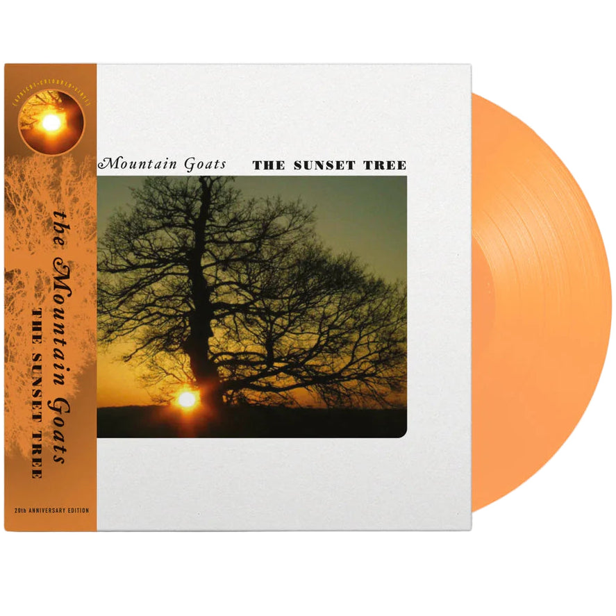 Limited edition apricot vinyl LP of The Mountain Goats' The Sunset Tree, featuring colorful album artwork and 4AD branding.