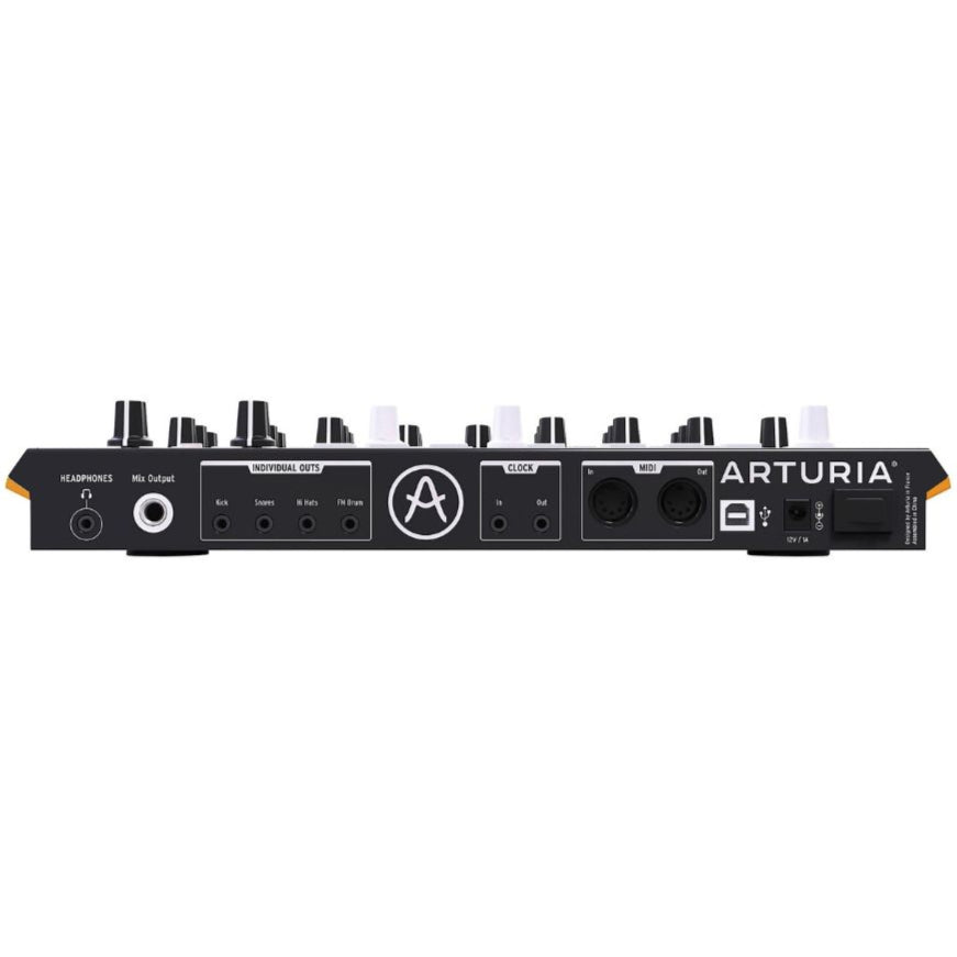 Arturia DrumBrute Impact drum machine with colorful pads and knobs for creating electronic drum patterns.