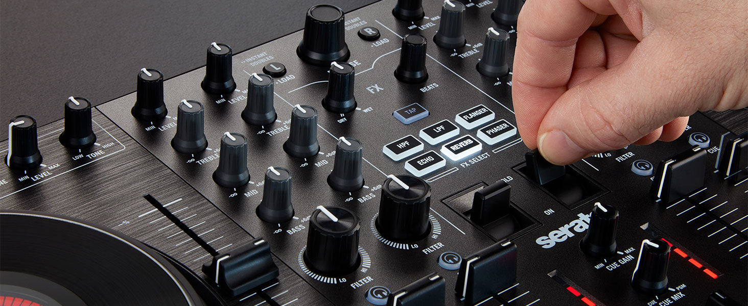 Numark NS4FX DJ controller with sliders and knobs for mixing, featuring a professional layout and multiple input options.