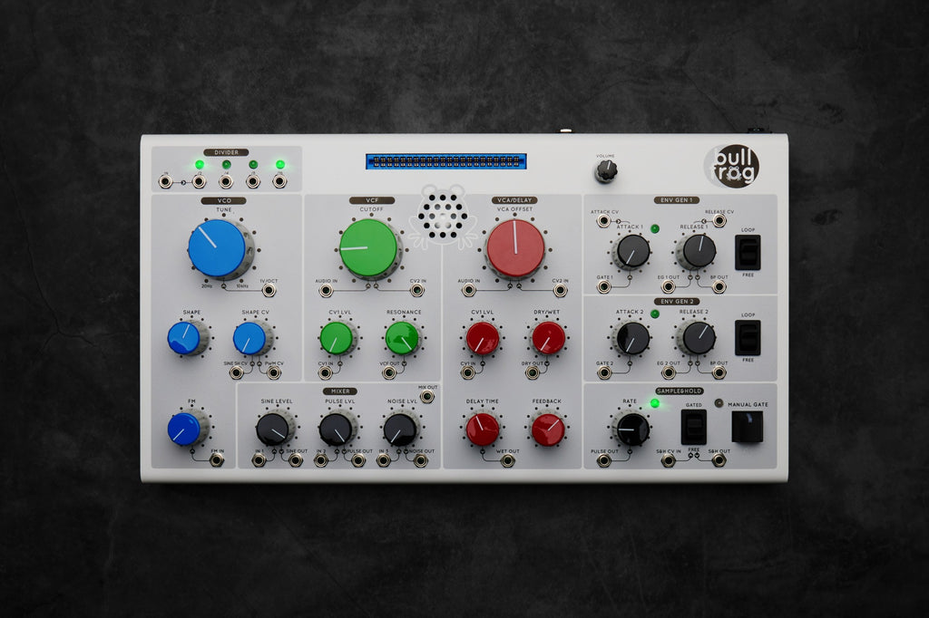 Erica Synths Bullfrog desktop synthesizer with knobs, switches, and patch points, showcasing its compact modular design.