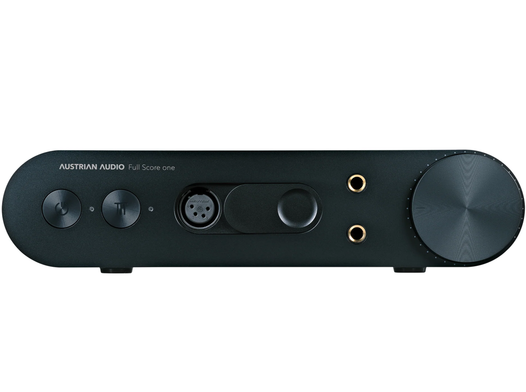 Austrian Audio Full Score One headphone amplifier and DAC with sleek design and control knobs visible on the front panel.