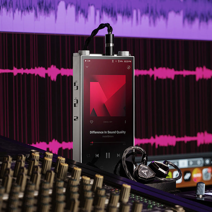 Astell&Kern PD20 portable music player with sleek black design and digital display, showing music controls and interface.