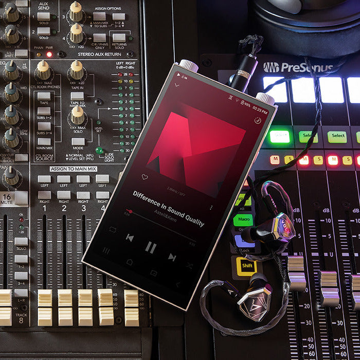 Astell&Kern PD20 portable music player with sleek black design, touchscreen display, and control buttons on the front.