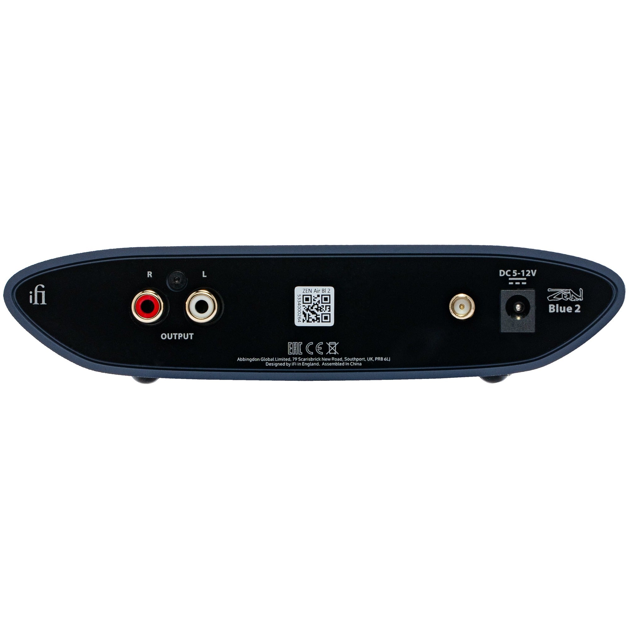 iFi Audio ZEN Air Blue 2 Bluetooth and Wi-Fi audio receiver with sleek design and digital display, connected to audio system.