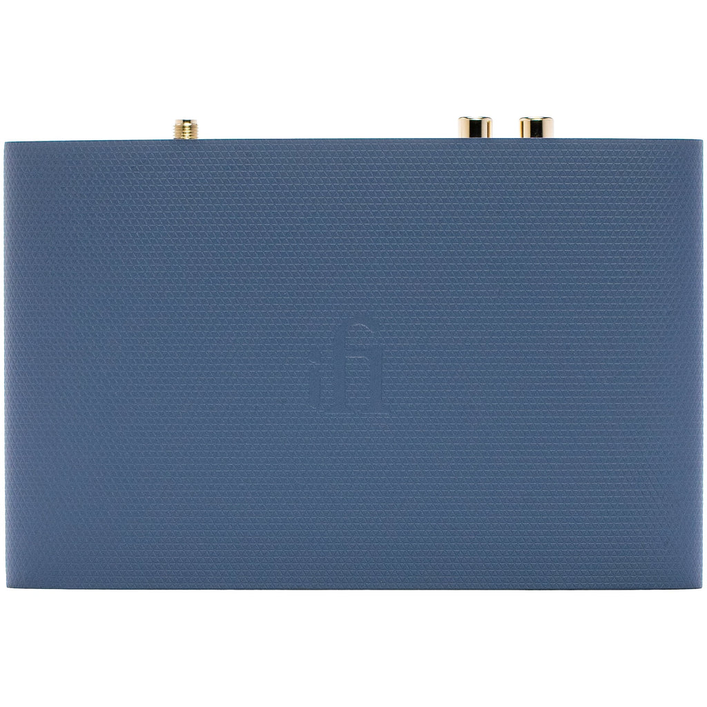 iFi Audio ZEN Air Blue 2 Bluetooth and Wi-Fi audio receiver with sleek black design and control buttons, connected to audio equipment.