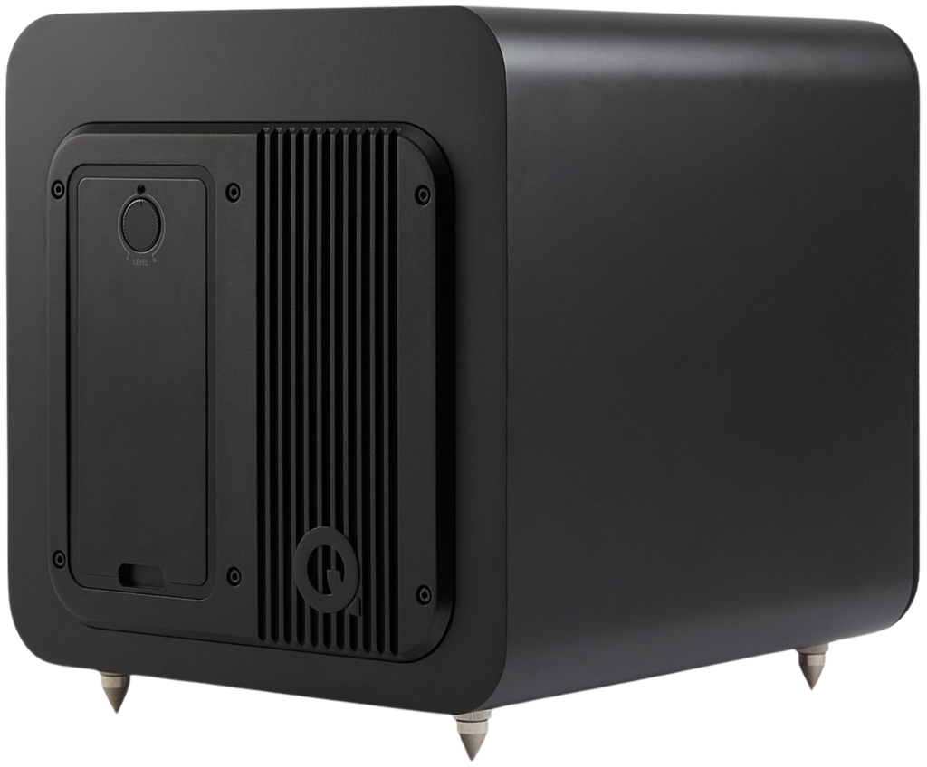 Q Acoustics Q SUB80 subwoofer with black enclosure and front-facing speaker driver, designed for deep bass in home audio systems.
