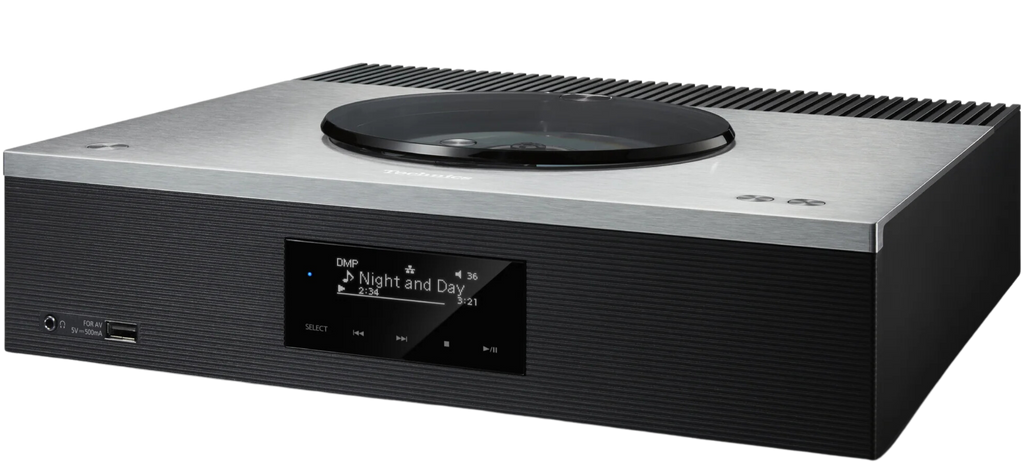 Technics SA-C600 stereo amplifier with control knobs, display screen, and input ports on a sleek black finish.