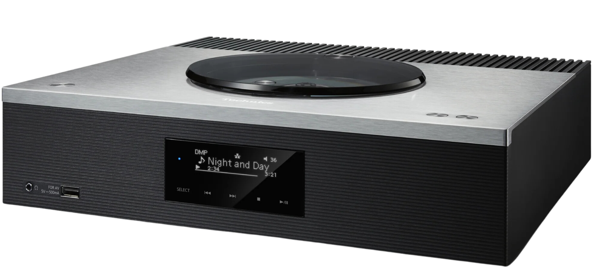 Technics SA-C600 stereo amplifier with control knobs, display screen, and input ports on a sleek black finish.