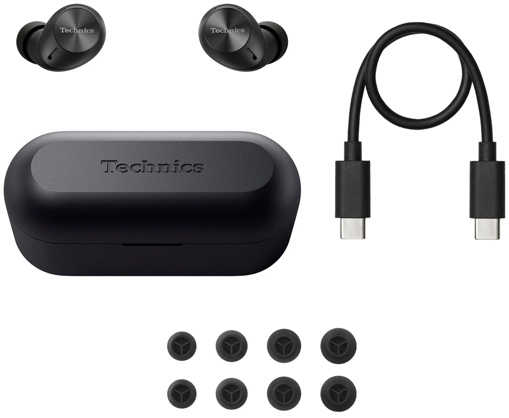 Technics EAH-AZ40M2 wireless in-ear headphones with black earbuds and charging case, shown on a white background.