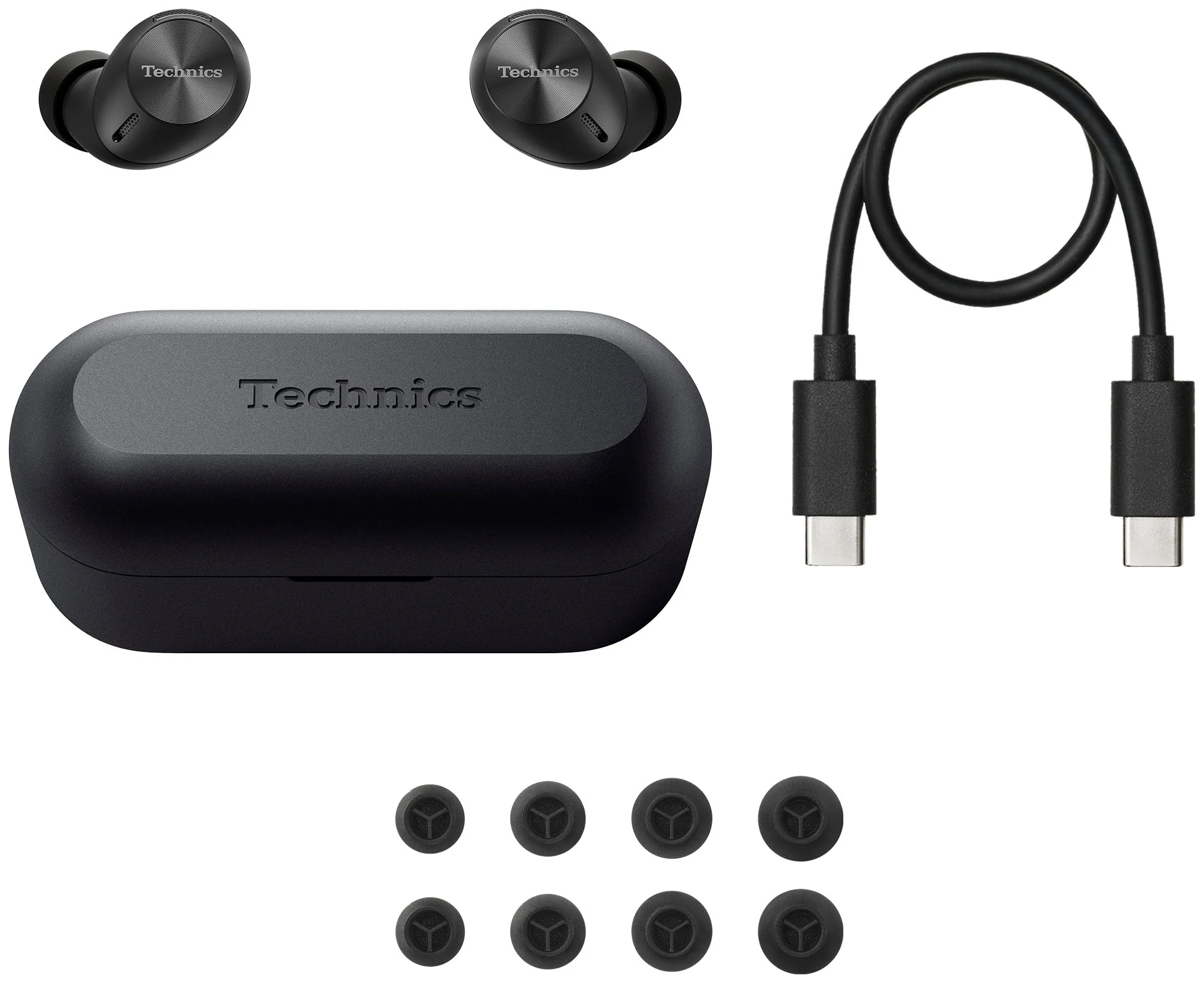 Technics EAH-AZ40M2 wireless in-ear headphones with black earbuds and charging case, shown on a white background.