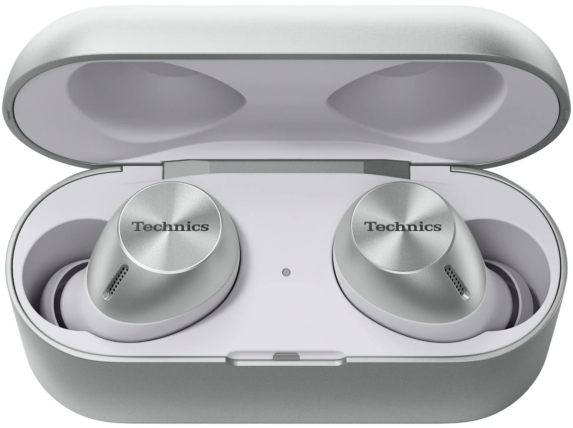 Technics EAH-AZ40M2 wireless in-ear headphones with sleek black design and compact earbuds on a white background.