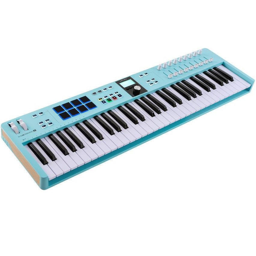Arturia KeyLab Essential 61 MK3 MIDI keyboard with 61 keys and control knobs, designed for music production and performance.