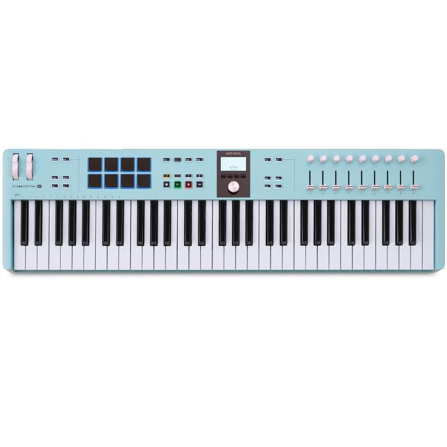 Arturia KeyLab Essential 61 MK3 MIDI keyboard with black keys, control knobs, and MIDI connection ports.